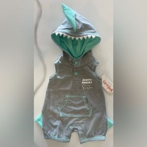 NWT- Cat and Jack- Baby Boy Hooded Romper One-Piece Shark ‘Always Hungry’- NB